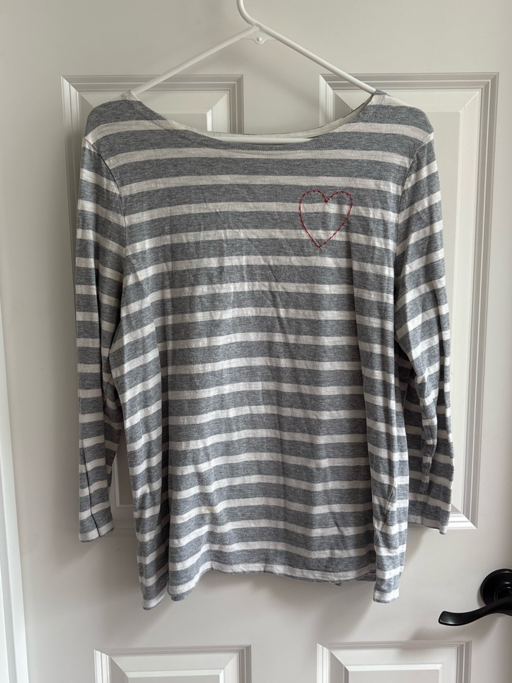 Gray & White Striped Long Sleeve Tee with Red Heart